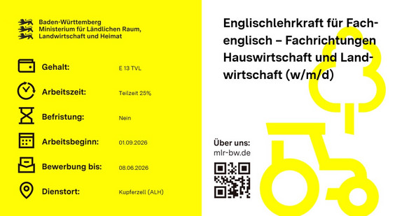 Englischlehrkraft für Fachenglisch – Fachrichtungen Hauswirtschaft und Landwirt-schaft (w/m/d)