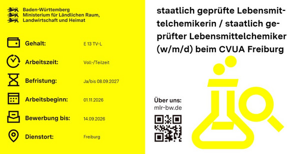 Teaserbild Stellenausschreibung staatlich geprüfte Lebensmittelchemikerin / staatlich geprüfter Lebensmittelchemiker (w/m/d) beim CVUA Freiburg