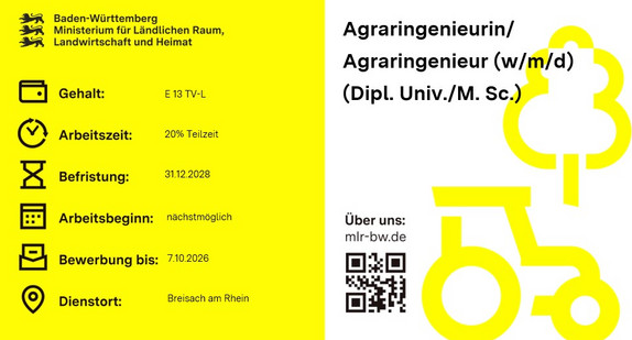 Teaserbild Stellenausschreibung Agraringenieurin/ Agraringenieur (w/m/d) (Dipl. Univ./M. Sc.) beim Agraringenieurin/ Agraringenieur (w/m/d) (Dipl. Univ./M. Sc.) 