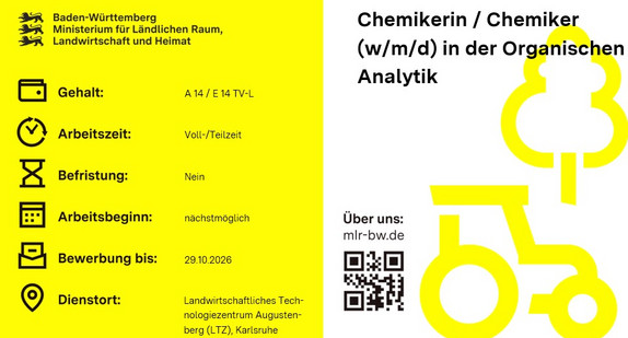 Teaserbild Stellenausschreibung Chemikerin / Chemiker (w/m/d) in der Organischen Analytik, LTZ
