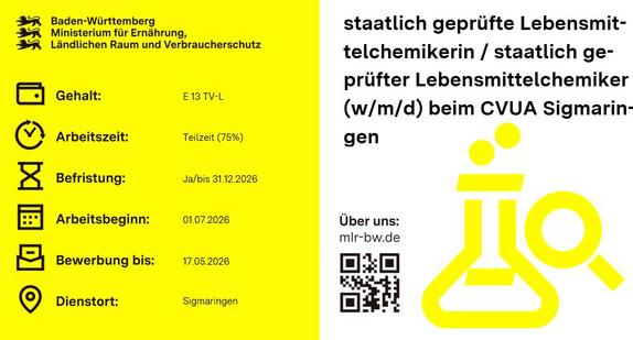 Teaser-Bild staatlich geprüfte Lebensmittelchemikerin / staatlich geprüfter Lebensmittelchemiker (w/m/d) beim CVUA Sigmaringen
