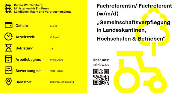 Teaser-Bild Fachreferentin/ Fachreferent (w/m/d)  „Gemeinschaftsverpflegung in Landeskantinen, Hochschulen & Betrieben“