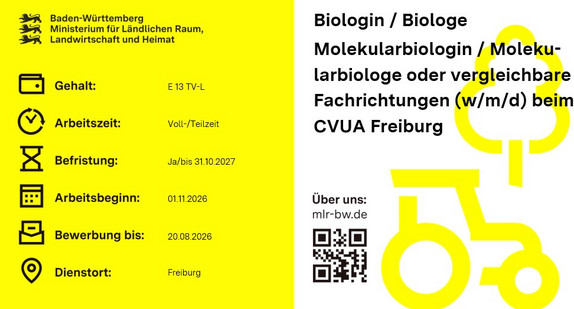 Teaserbild Stellenausschreibung Biologin / Biologe Molekularbiologin / Molekularbiologe oder vergleichbare Fachrichtungen (w/m/d) beim CVUA Freiburg