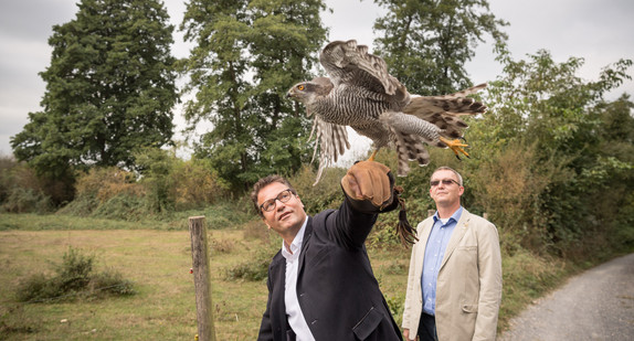 Minister Peter Hauk MdL (links) bei der Auswilderung von Habicht Emma gemeinsam mit Niels Meyer-Först, 1. Vorsitzender des Deutschen Falkenorden (DFO) Baden-Württemberg, im September 2016.