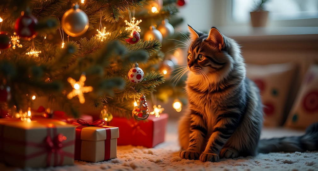 Katze unter geschmücktem Weihnachtsbaum - Bild mit Hilfe von KI erstellt