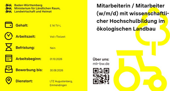 Teaserbild Stellenausschreibung Mitarbeiterin / Mitarbeiter (w/m/d) mit wissenschaftlicher Hochschulbildung im ökologischen Landbau