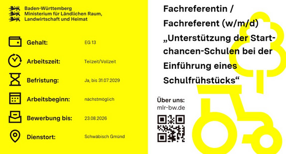 Teaserbild Stellenausschreibung Fachreferentin / Fachreferent (w/m/d) „Unterstützung der Start-chancen-Schulen bei der Einführung eines Schulfrühstücks“