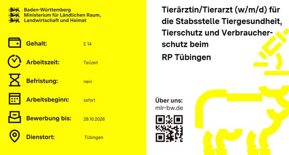 Teaserbild Stellenausschreibung Tierärztin/Tierarzt (w/m/d) für die Stabsstelle Tiergesundheit, Tierschutz und Verbraucherschutz beim RP Tübingen