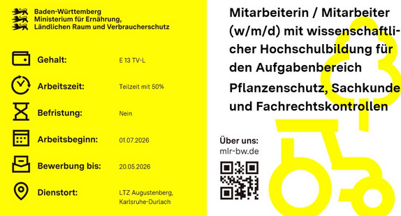 Teaser-Bild Mitarbeiterin / Mitarbeiter (w/m/d) mit wissenschaftli-cher Hochschulbildung für den Aufgabenbereich  Pflanzenschutz, Sachkunde und Fachrechtskontrollen