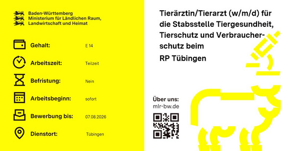 Teaserbild Stellenausschreibung Tierärztin/Tierarzt (w/m/d) für die Stabsstelle Tiergesundheit, Tierschutz und Verbraucherschutz beim RP Tübingen