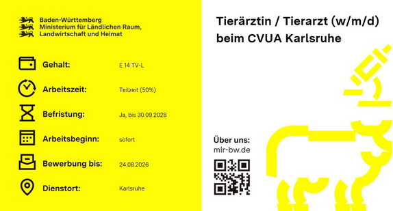 Teaserbild Stellenausschreibung Tierärztin / Tierarzt (w/m/d) beim Chemischen und Veterinäruntersuchungsamt (CVUA) Karlsruhe