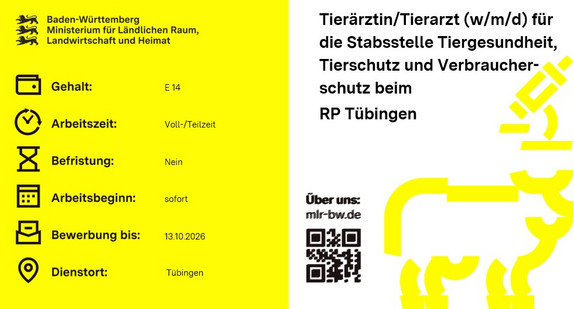 Teaserbild Stellenausschreibung Tierärztin/Tierarzt (w/m/d) für die Stabsstelle Tiergesundheit, Tierschutz und Verbraucherschutz beim RP Tübingen