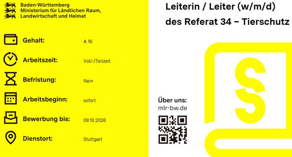 Teaserbild Stellenausschreibung Leiterin / Leiter (w/m/d) des Referat 34 – Tierschutz -, MLR