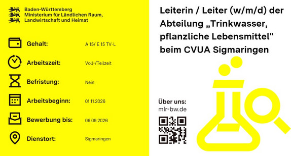 Teaserbild Stellenausschreibung Leiterin / Leiter (w/m/d) der Abteilung „Trinkwasser, pflanzliche Lebensmittel" beim CVUA Sigmaringen