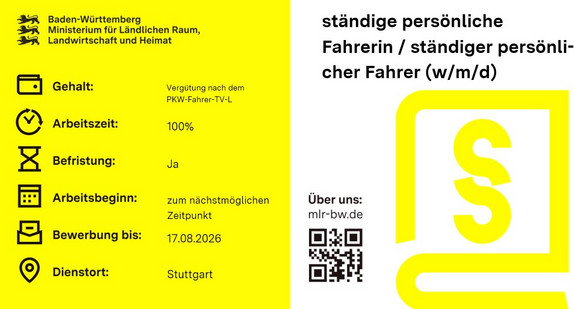 Teaserbild Stellenausschreibung ständige persönliche Fahrerin / ständiger persönlicher Fahrer (w/m/d) MLR