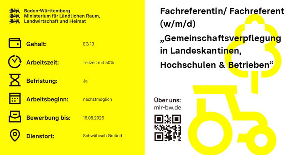 Teaserbild Stellenausschreibung Fachreferentin / Fachreferenten (w/m/d) „Gemeinschaftsverpflegung in Landeskantinen, Hochschulen und Betrieben“