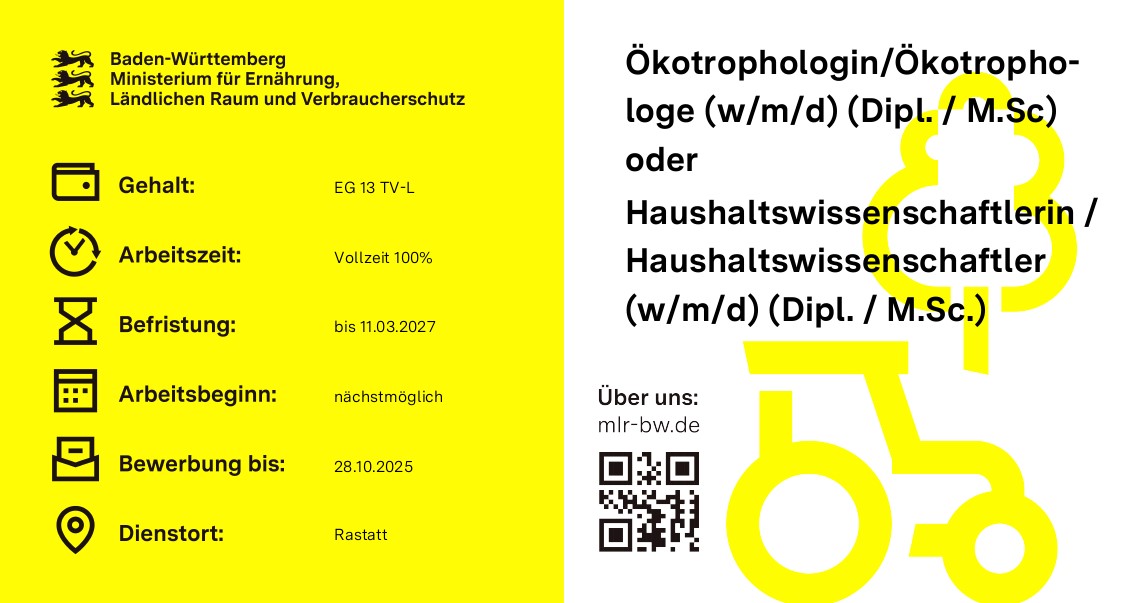  Ökotrophologin / Ökotrophologen (w/m/d) (Dipl. Univ./M. Sc.) oder Haushaltswissenschaftlerin / Haushaltswissenschaftler (w/m/d) (Dipl. Univ./M. Sc.)
