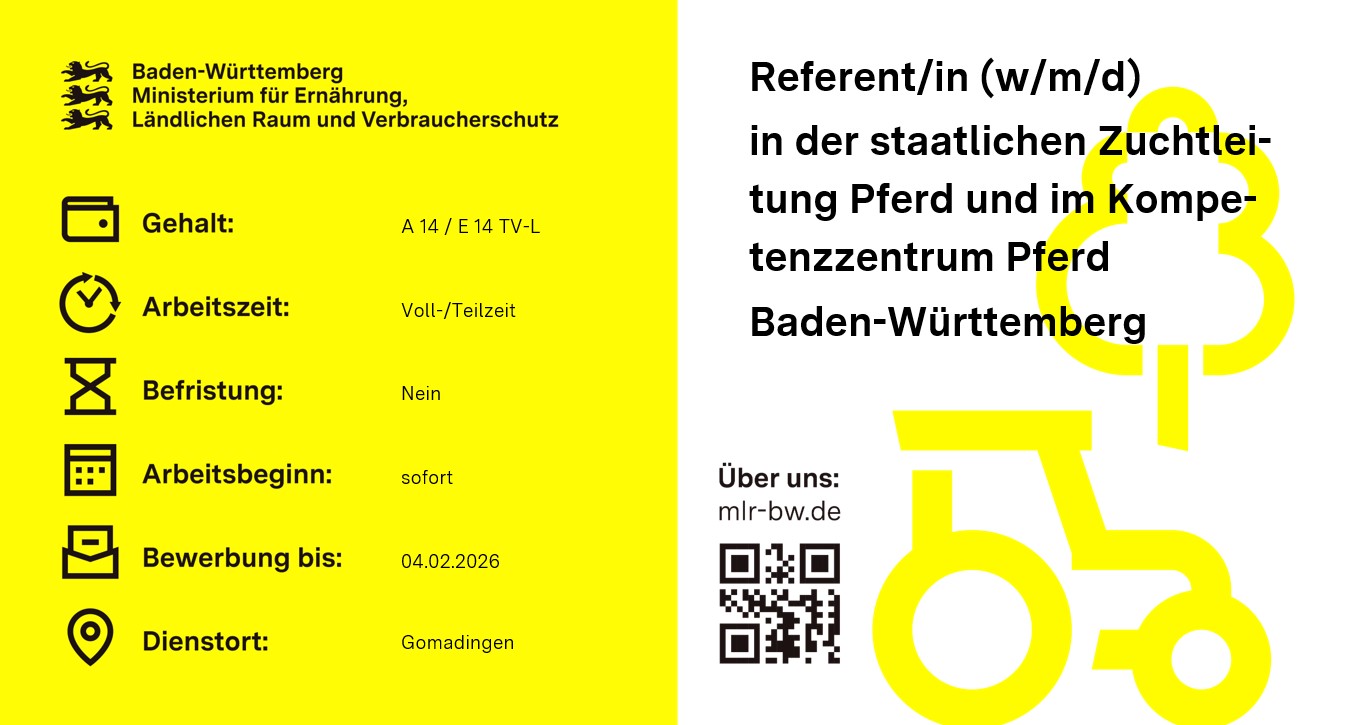  Referent / Referentin (w/m/d) im Kompetenzzentrum Pferd Baden-Württemberg und in der Zuchtleitung Pferd