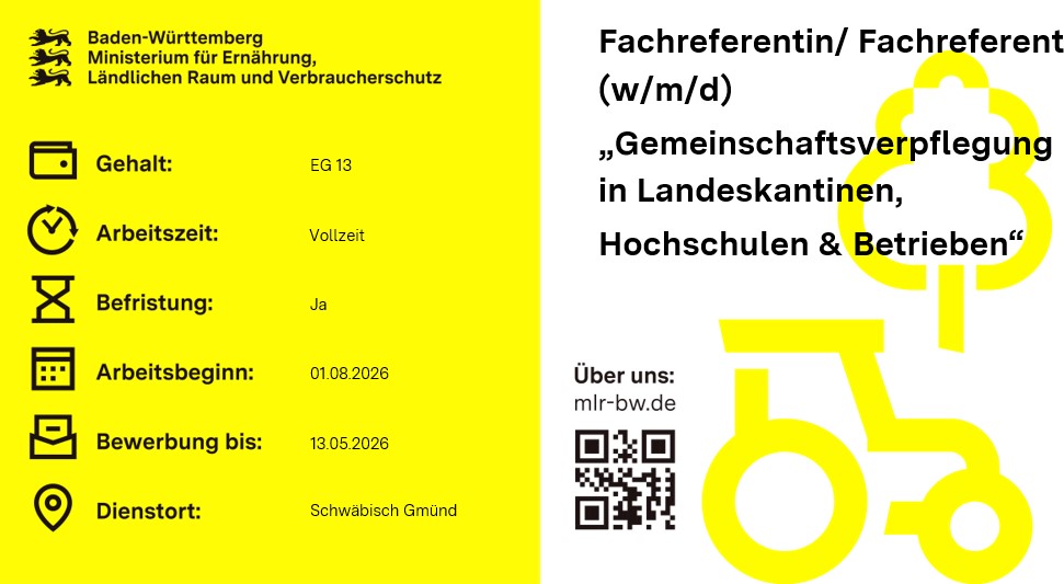 Teaser-Bild Fachreferentin/ Fachreferent (w/m/d)  „Gemeinschaftsverpflegung in Landeskantinen, Hochschulen & Betrieben“
