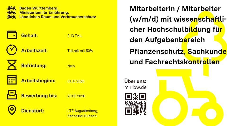 Teaser-Bild Mitarbeiterin / Mitarbeiter (w/m/d) mit wissenschaftli-cher Hochschulbildung für den Aufgabenbereich  Pflanzenschutz, Sachkunde und Fachrechtskontrollen
