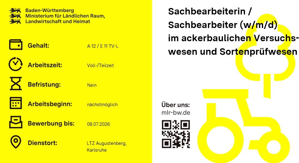 Teaserbild Stellenausschreibung einer Sachbearbeiterin/eines Sachbearbeiters (w/m/d) im ackerbaulichen Versuchswesen und Sortenprüfwesen