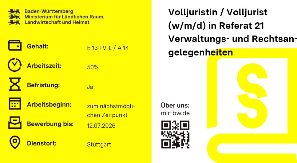 Teaserbild Volljuristin / Volljurist (w/m/d) in Referat 21  Verwaltungs- und Rechtsangelegenheiten beim Ministerium für Ländlichen Raum, Landwirtschaft und Heimat