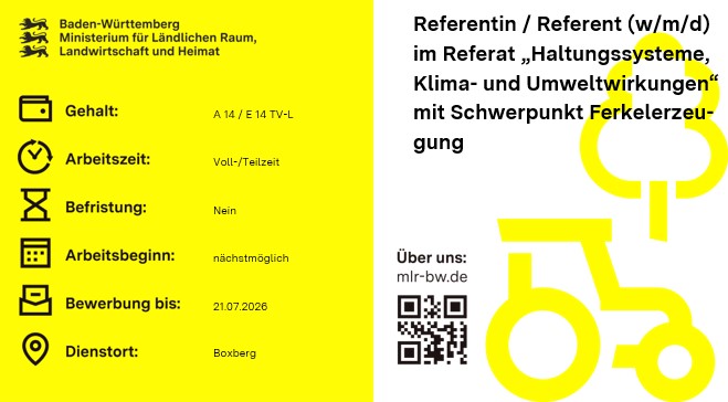 Teaserbild Referentin / Referent (w/m/d) im Referat „Haltungssysteme, Klima- und Umweltwirkungen“ mit Schwerpunkt Ferkelerzeugung