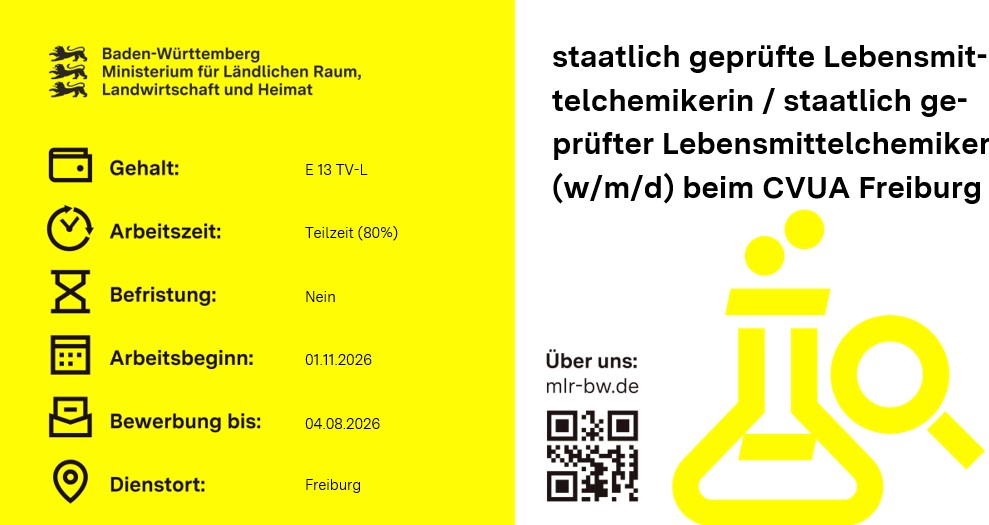 Teaserbild Stellenausschreibung einer staatlich geprüften Lebensmittelchemikerin / einem staatlich geprüften Lebensmittelchemiker (w/m/d)