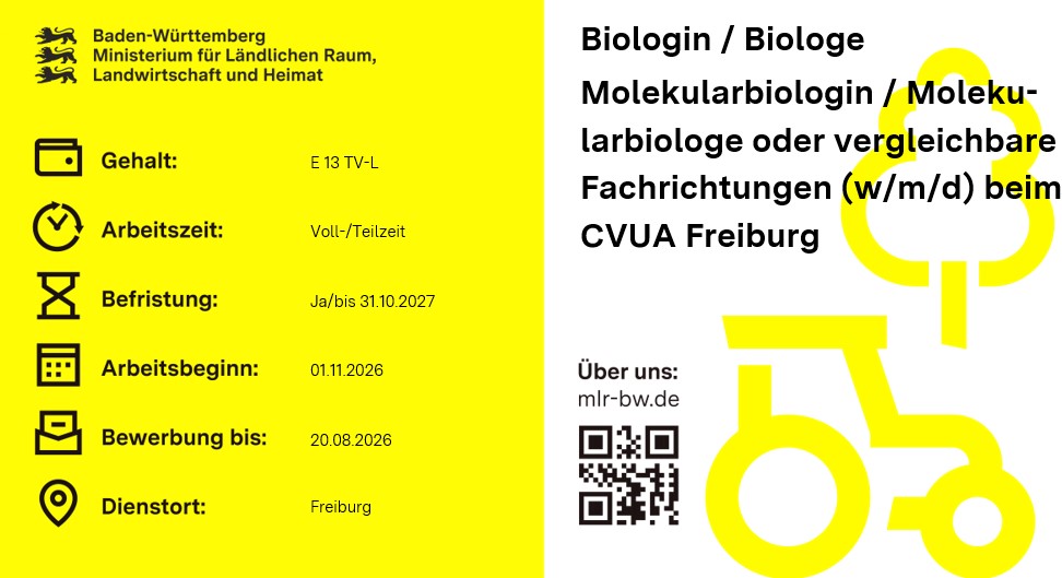 Teaserbild Stellenausschreibung Biologin / Biologe  Molekularbiologin / Molekularbiologe oder vergleichbare Fachrichtungen (w/m/d) beim CVUA Freiburg