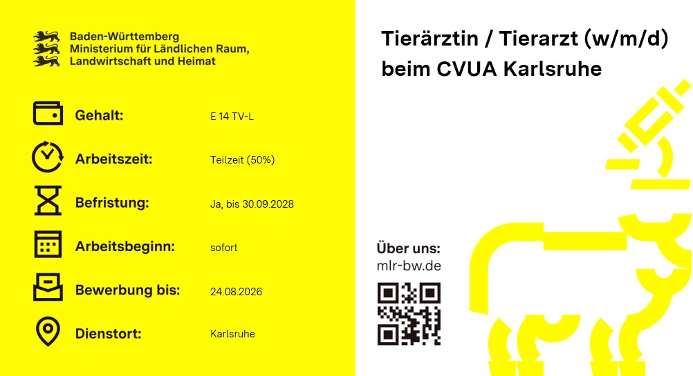Teaserbild Stellenausschreibung Tierärztin / Tierarzt (w/m/d) beim Chemischen und Veterinäruntersuchungsamt (CVUA) Karlsruhe
