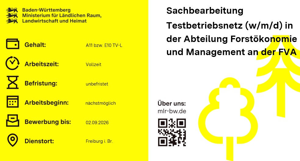 Teaserbild Stellenausschreibung Sachbearbeitung Testbetriebsnetz (w/m/d) in der Abteilung Forstökonomie und Management an der FVA
