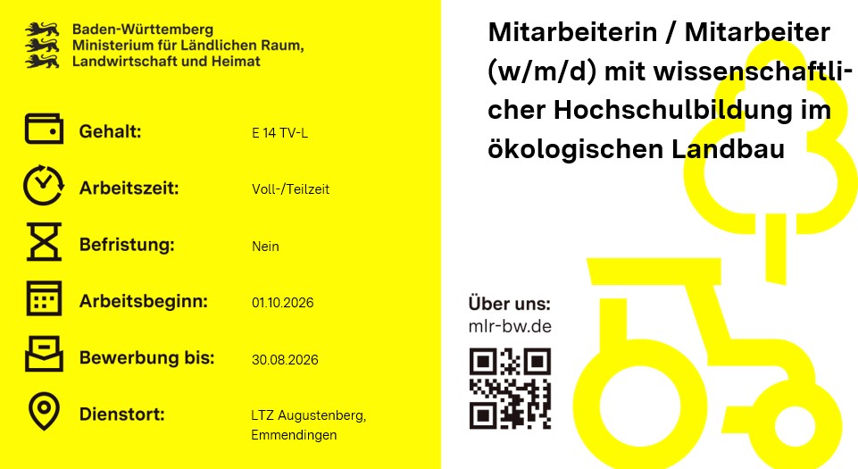 Teaserbild Stellenausschreibung Mitarbeiterin / Mitarbeiter (w/m/d) mit wissenschaftlicher Hochschulbildung im ökologischen Landbau