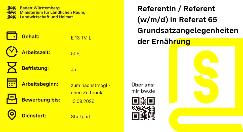 Teaserbild Stellenausschreibung Referentin / Referent (w/m/d) in Referat 65 Grundsatzangelegenheiten der Ernährung