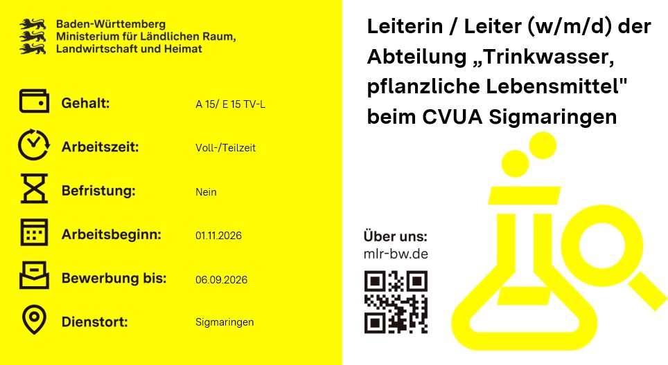 Teaserbild Stellenausschreibung Leiterin / Leiter (w/m/d) der Abteilung „Trinkwasser, pflanzliche Lebensmittel" beim CVUA Sigmaringen