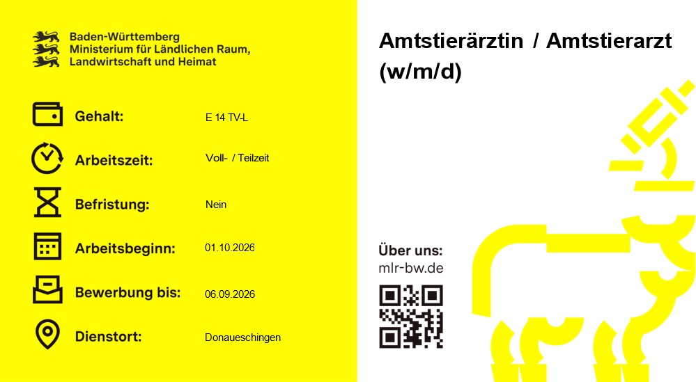 Teaserbild Stellenausschreibung Amtstierärztin / Amtstierarzt (w/m/d) beim Landratsamt Schwarzwald-Baar-Kreis 