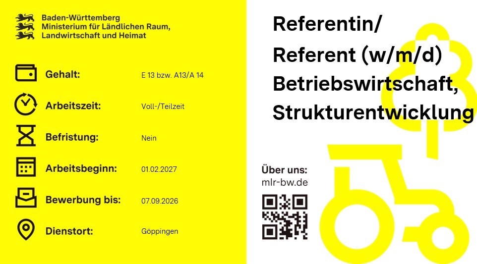 Teaserbild Stellenausschreibung Referentin/ Referent (w/m/d) Betriebswirtschaft, Strukturentwicklung bei der unteren Landwirtschaftsbehörde Göppingen 