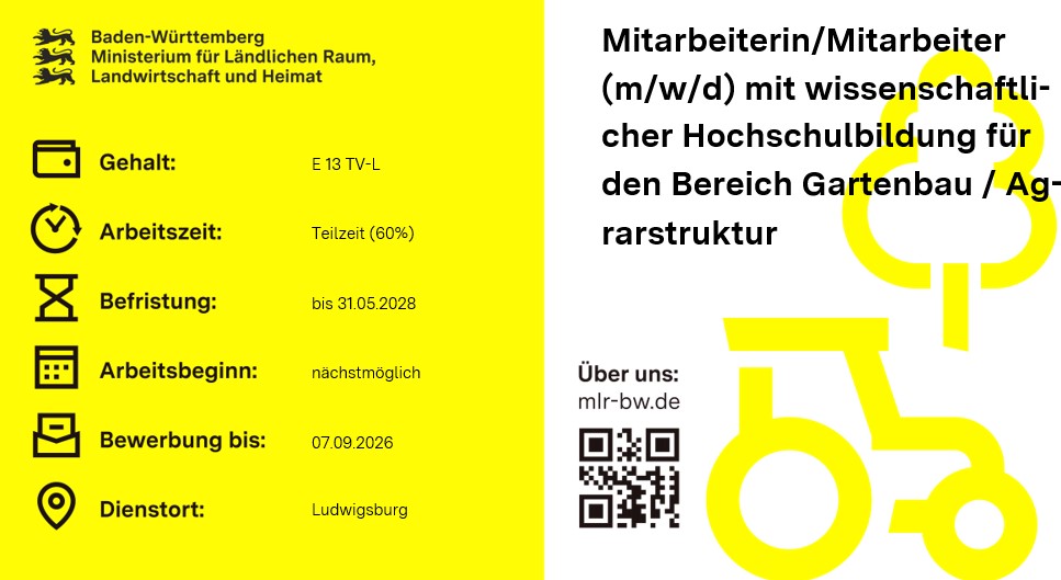 Teaserbild Stellenausschreibung Mitarbeiterin / Mitarbeiter (m/w/d) mit wissenschaftlicher Hochschulbildung für den Bereich Gartenbau / Agrarstruktur beim Landratsamt Ludwigsburg