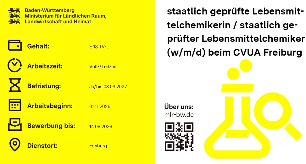 Teaserbild Stellenausschreibung staatlich geprüfte Lebensmittelchemikerin / staatlich geprüfter Lebensmittelchemiker (w/m/d) beim CVUA Freiburg