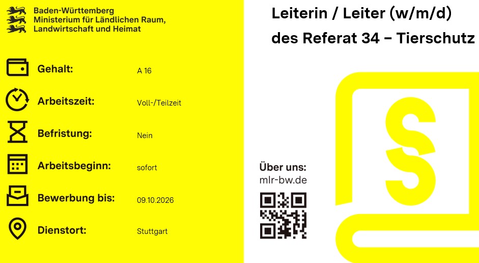 Teaserbild Stellenausschreibung Leiterin / Leiter (w/m/d) des Referat 34 – Tierschutz -, MLR