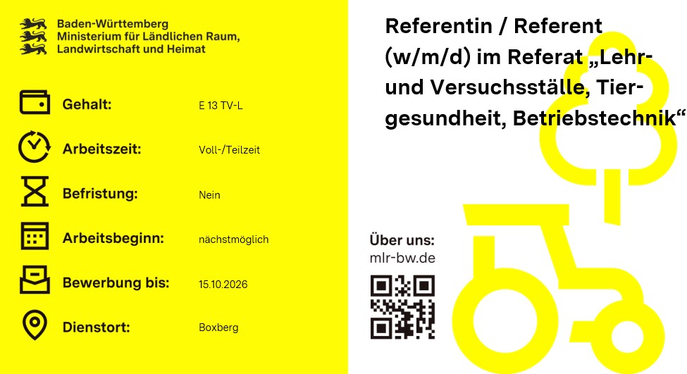 Teaserbild Stellenausschreibung Referentin / Referent (w/m/d) im Referat „Lehr- und Versuchsställe, Tiergesundheit, Betriebstechnik“