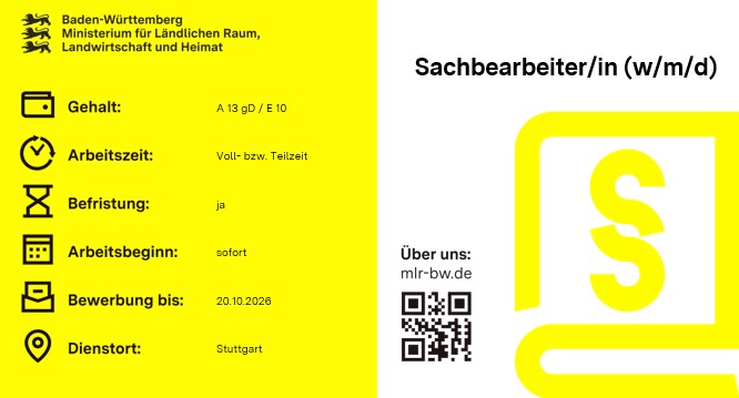 Teaserbild Stellenausschreibung Sachbearbeiterin / Sachbearbeiter (w/m/d) beim MLR, Referat 44