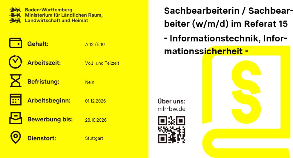 Teaserbild Stellenausschreibung Sachbearbeiterin / Sachbearbeiter (w/m/d) im Referat 15 Informationstechnik, Informationssicherheit MLR