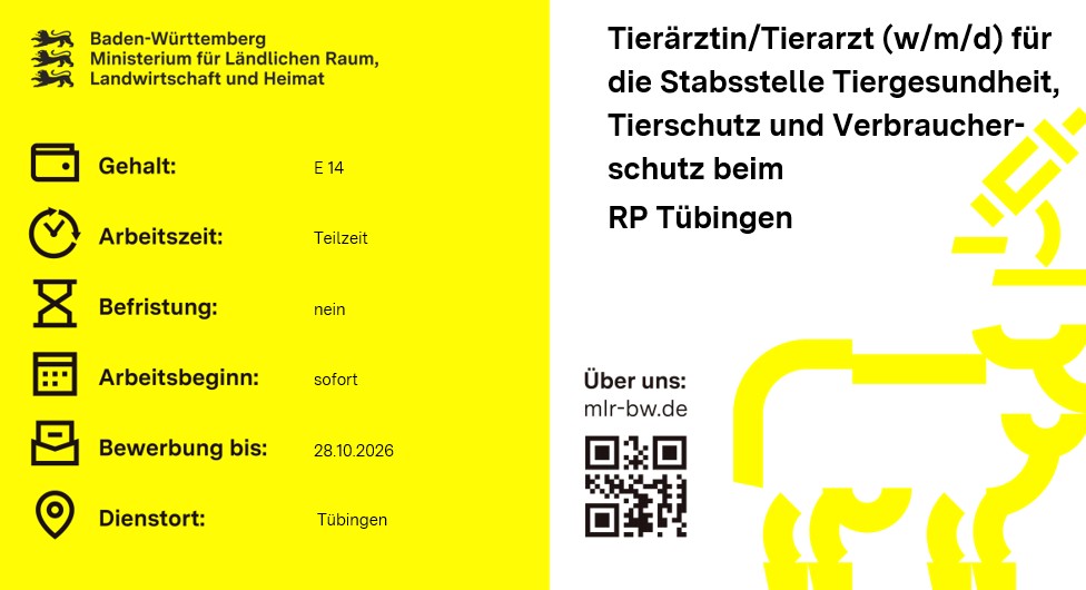 Teaserbild Stellenausschreibung Tierärztin/Tierarzt (w/m/d) für die Stabsstelle Tiergesundheit, Tierschutz und Verbraucherschutz beim RP Tübingen