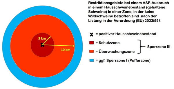 Übersicht über die Restriktionsgebiete bei einem Ausbruch der Afrikanischen Schweinepest in einem Hausschweinebestand nach der „Listung“ im Anhang I der Verordnung (EU) 2021/605